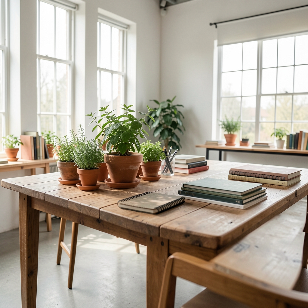 Bright editorial studio interior with a long wooden table, potted herbs, natural light from large windows, and stacks of books and notebooks