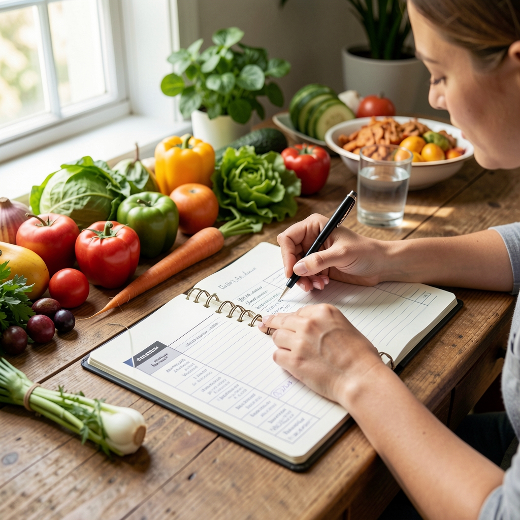 Person writing in a food journal at a wooden desk surrounded by fresh produce, a glass of water, and a printed weekly meal plan