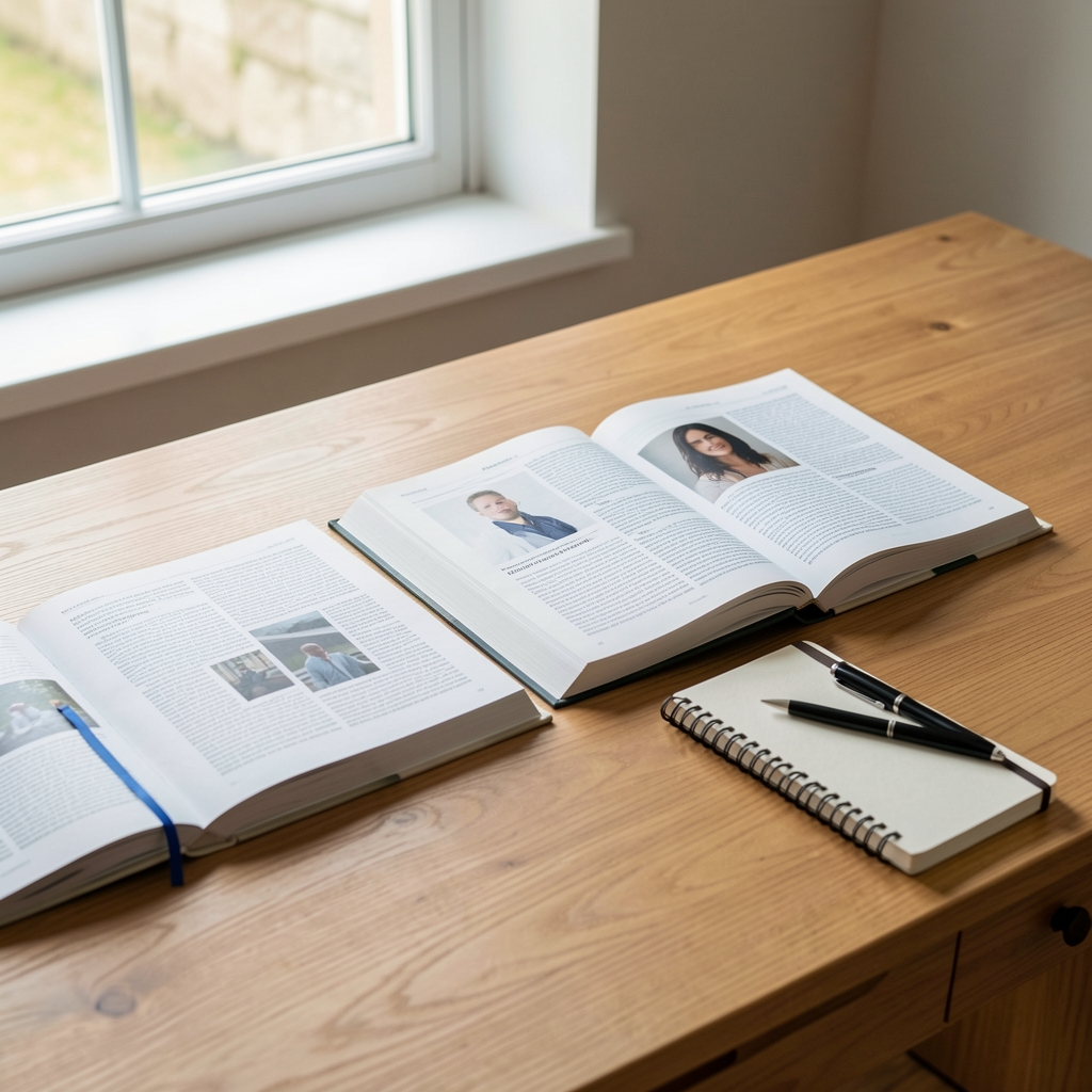 Open reference books and printed journal articles spread across a clean wooden desk with a notebook and pen, photographed in natural window light