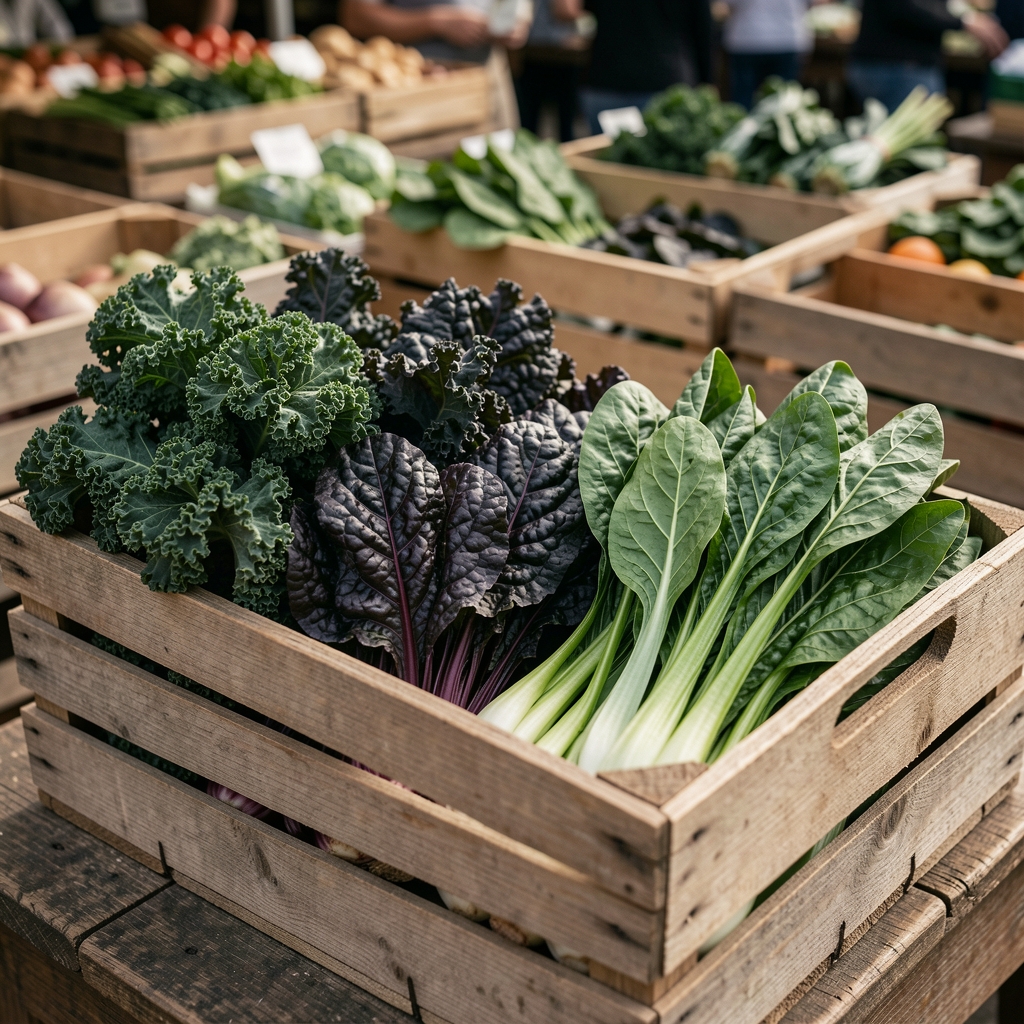 Wooden market crate filled with freshly harvested dark leafy greens, kale and chard, arranged in natural outdoor light
