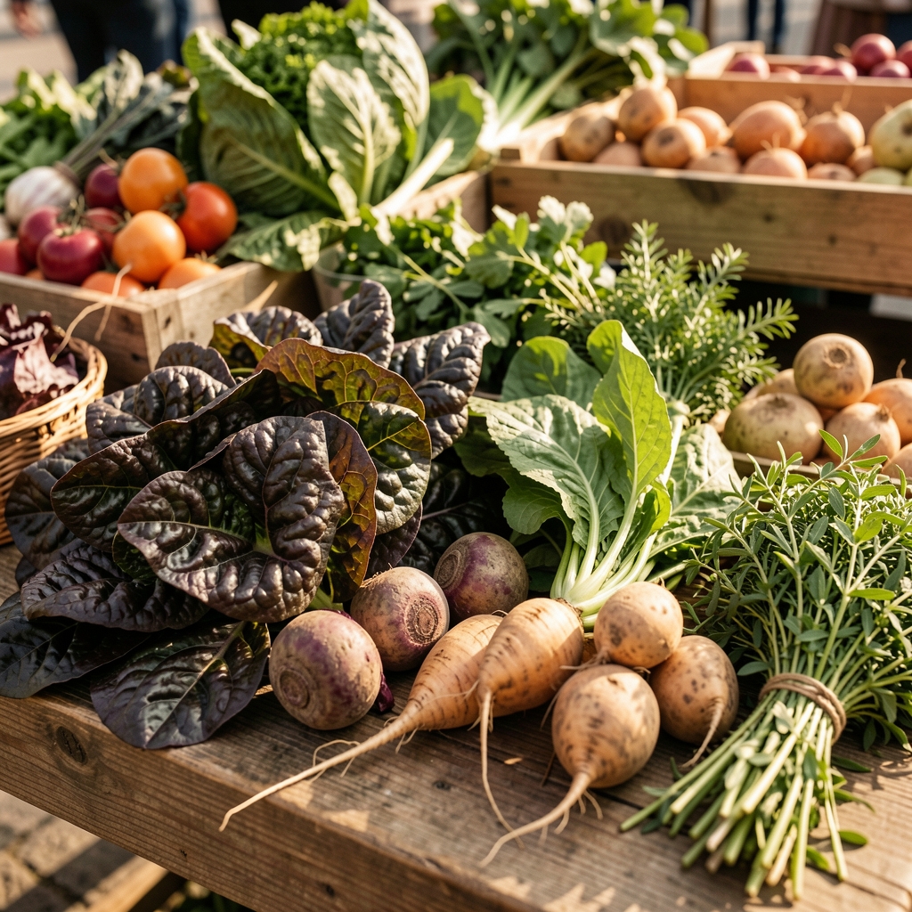Seasonal market vegetables — dark leafy greens, root vegetables and fresh herbs arranged on a wooden surface in warm natural light